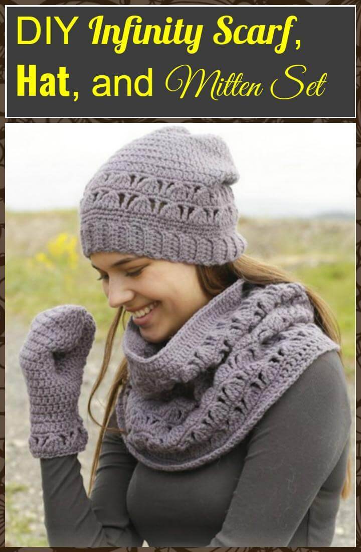 DIY winter infinity scarf, hat and mitten set